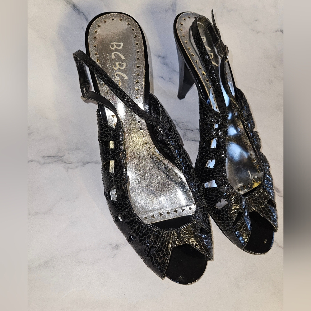 BCBG Paris Patsy Black Snake Patent Heels